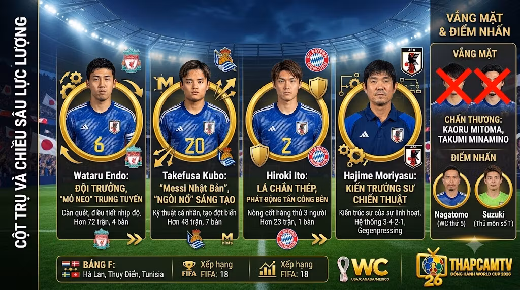 Chiều sâu lực lượng và các ngôi sao trụ cột của Đội tuyển Nhật Bản tại World Cup 2026 gồm Wataru Endo, Takefusa Kubo, Hiroki Ito và sự vắng mặt đáng tiếc của Kaoru Mitoma do chấn thương.