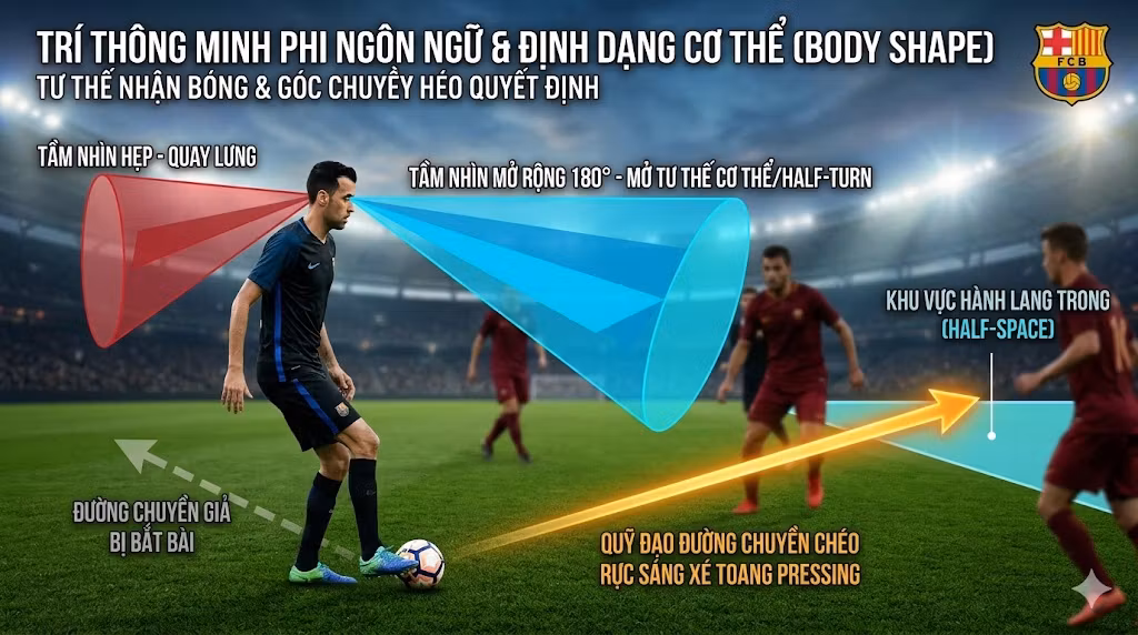 Đồ họa phân tích tầm quan trọng của tư thế nhận bóng (body shape) và quỹ đạo đường chuyền chéo xuyên tuyến giúp tiền vệ thoát pressing hiệu quả.