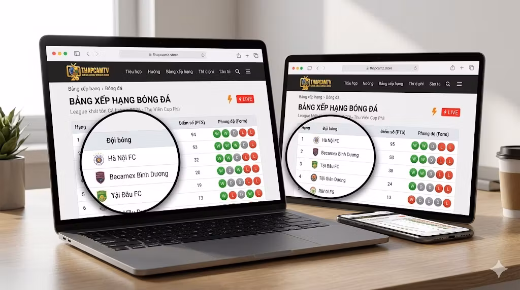 Giao diện xem bảng xếp hạng bóng đá trực quan, hiển thị chi tiết điểm số và phong độ đội bóng theo thời gian thực trên mọi thiết bị tại Thapcamz.store.